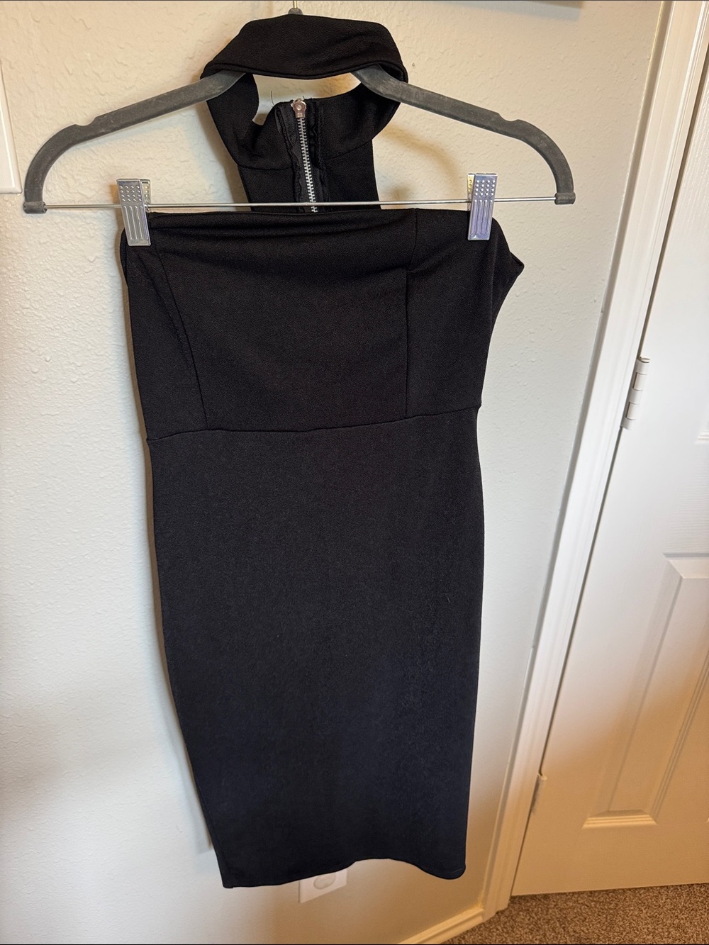 Classic Black Strapless Midi Dress with Halter Neck